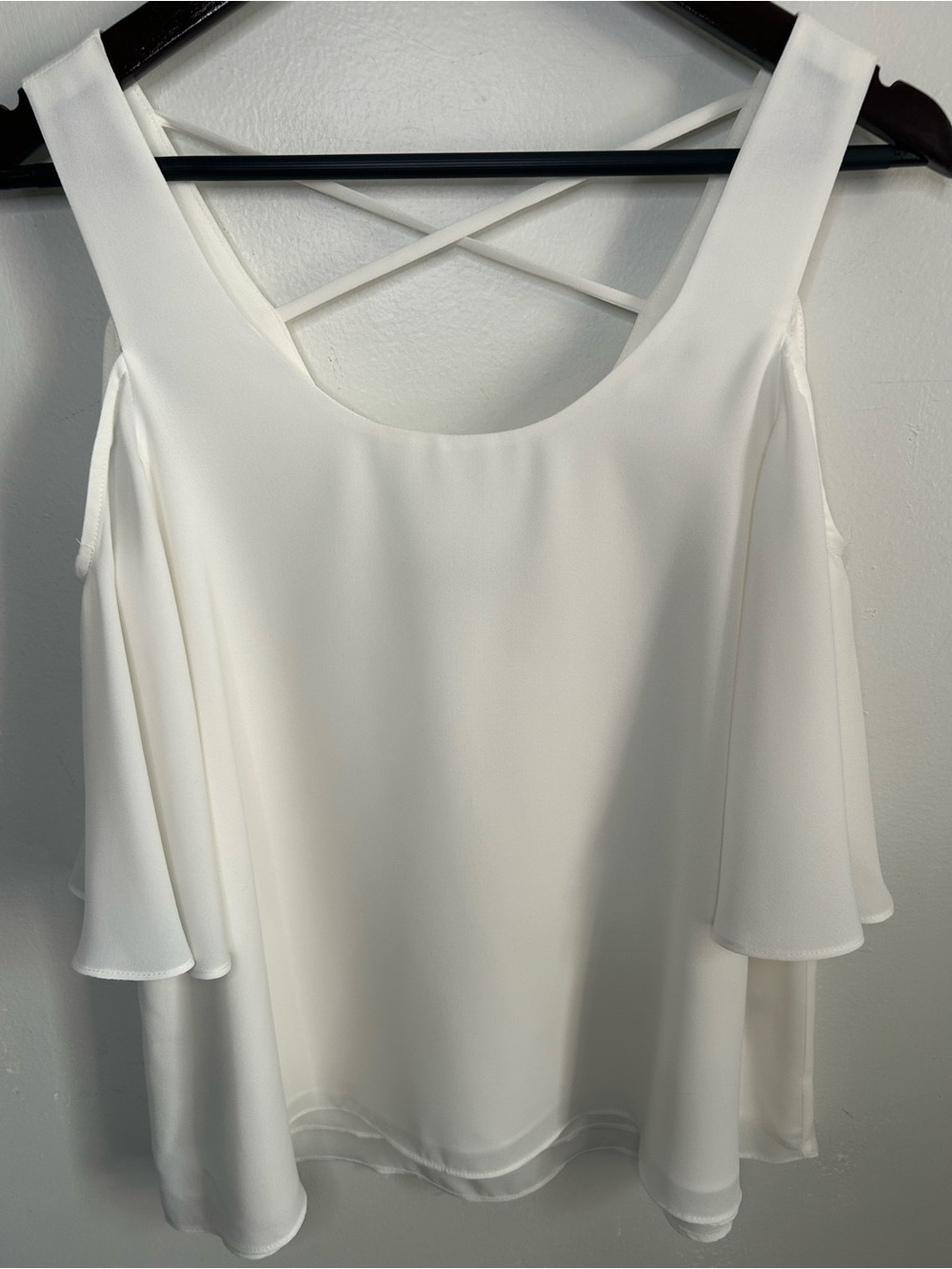 Chelsea28 Feminine Solid White Short Sleeve Cold-Shoulder Flowy Blouse - Picture 8 of 8